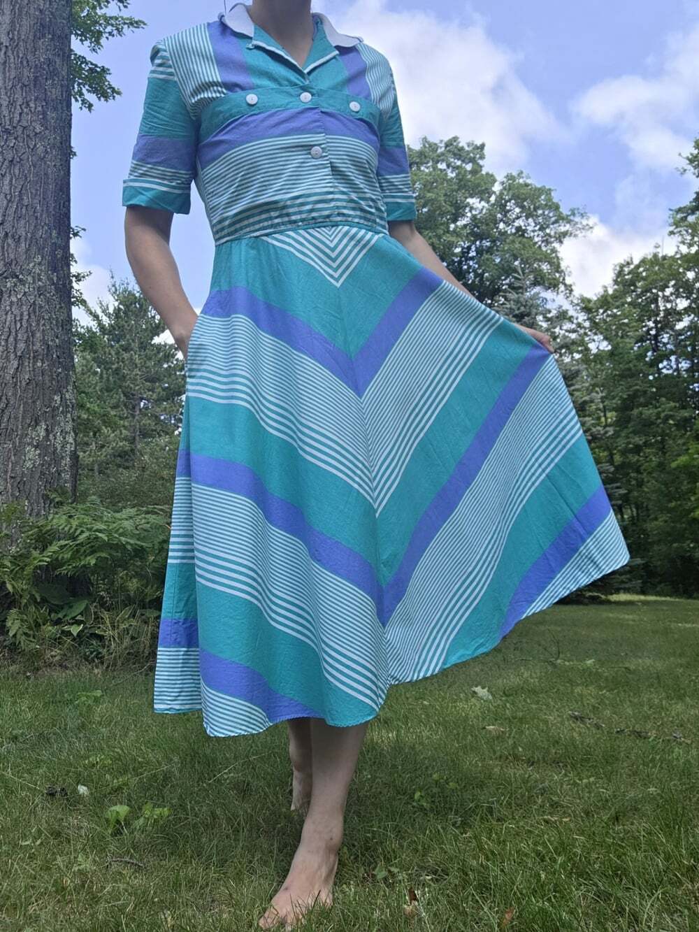 Vtg 80s Melissa Lane Striped Midi Dress Size 8 Teal Blue Chevron Pockets Cotton - Picture 3 of 14